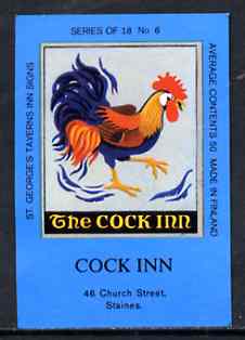 Match Box Labels - Cock Inn (No.5 from a series of 18 Pub signs) dark brown background, very fine unused condition (St George's Taverns), stamps on , stamps on  stamps on chickens    fowl