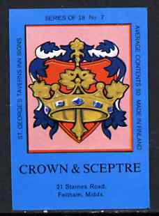 Match Box Labels - Crown & Sceptre (No.7 from a series of 18 Pub signs) dark brown background, very fine unused condition (St George's Taverns), stamps on , stamps on  stamps on crowns    royalty
