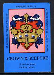 Match Box Labels - Crown & Sceptre (No.8 from a series of 18 Pub signs) dark brown background, very fine unused condition (St George's Taverns), stamps on , stamps on  stamps on crowns    royalty