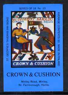 Match Box Labels - Crown & Cushion (No.13 from a series of 18 Pub signs) dark brown background, very fine unused condition (St Georges Taverns), stamps on crowns    royalty    tapestry