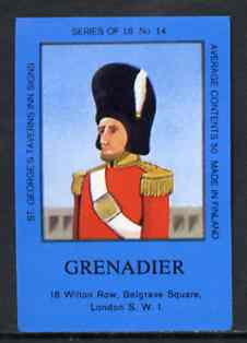 Match Box Labels - Grenadier (No.14 from a series of 18 Pub signs) dark brown background, very fine unused condition (St Georges Taverns), stamps on militaria