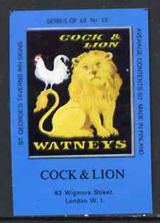 Match Box Labels - Cock & Lion (No.15 from a series of 18 Pub signs) dark brown background, very fine unused condition (St Georges Taverns), stamps on chicken    fowl     cats    lion