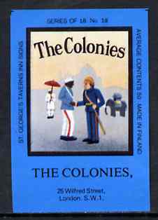 Match Box Labels - The Colonies (No.18 from a series of 18 Pub signs) dark brown background, very fine unused condition (St Georges Taverns), stamps on umbrella