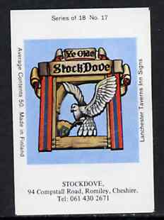 Match Box Labels - Stockdove (No.17 from a series of 18 Pub signs) very fine unused condition (Lanchester Taverns), stamps on , stamps on  stamps on doves    birds