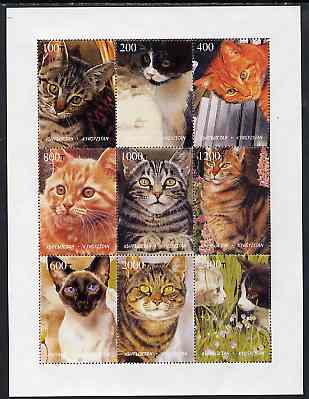 Kyrgyzstan 1998 Domestic Cats perf sheetlet containing complete set of 9 values unmounted mint, stamps on , stamps on  stamps on cats