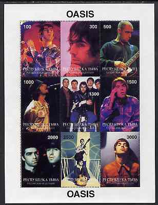 Touva 1998 Oasis (Pop Group) perf sheetlet containing complete set of 9 values, stamps on music, stamps on pops, stamps on guitar