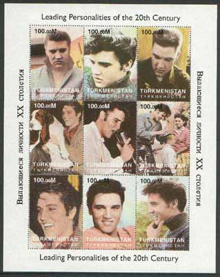 Turkmenistan 1998 Leading Personalities of the 20th Century (Elvis Presley) perf sheetlet containing complete set of 9 values unmounted mint, stamps on elvis, stamps on music, stamps on pops, stamps on millennium