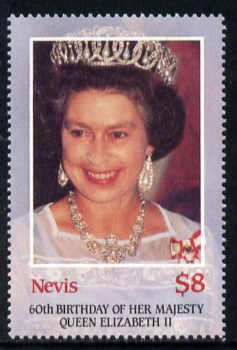 Nevis 1986 Queen's 60th Birthday $8 unmounted mint single wirh inverted watermark (UH \A315 retail)*, stamps on royalty        60th birthday