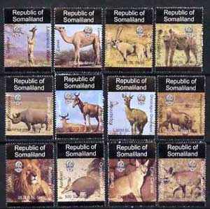 Somaliland 1997 Indigenous Animals unmounted mint set of 12 values 500 SL to 25,000 SL , stamps on animals     lions     cats    warthog     hyena     aardvaak     hartbeest    caracal      fox        camel     gerenur    klipspringer     rhino    oryx     dogs     pigs    swine, stamps on  fox , stamps on foxes, stamps on  