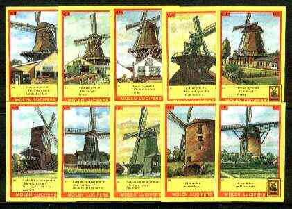 Match Box Labels - Windmills series #06 (nos 51-60) very fine unused condition (Molem Lucifers), stamps on windmills