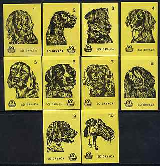 Match Box Labels - complete set of 10 Dogs (set #2 yellow background) very fine unused condition (Yugoslavian Drava series), stamps on , stamps on  stamps on dogs