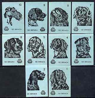 Match Box Labels - complete set of 10 Dogs (set #3 blue background) very fine unused condition (Yugoslavian Drava series), stamps on , stamps on  stamps on dogs