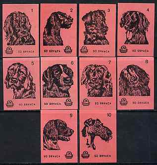 Match Box Labels - complete set of 10 Dogs (set #6 salmon background) very fine unused condition (Yugoslavian Drava series), stamps on , stamps on  stamps on dogs