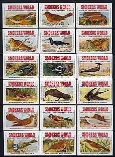 Match Box Labels - complete set of 18 British Birds very fine unused condition (Cornish Match Co for Smokers World), stamps on birds    warbler    thrush     tern    tit    goldfinch    cuckoo    swallow    jackdaw    chaffinch    lapwing    magpie      kingfisher    corncrake     oyster catcher      yellowhammer     kestrel    robin    goldcrest