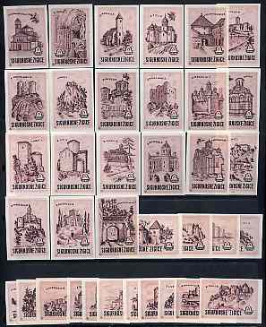 Match Box Labels - complete set of 36 Castles (pink) superb unused condition (Yugoslavian Drava series), stamps on castles