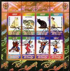 Congo 2010 Disney & Cats #1 perf sheetlet containing 8 values with Scout Logo fine cto used, stamps on disney, stamps on films, stamps on cinema, stamps on movies, stamps on cartoons, stamps on scouts, stamps on cats, stamps on bicycles