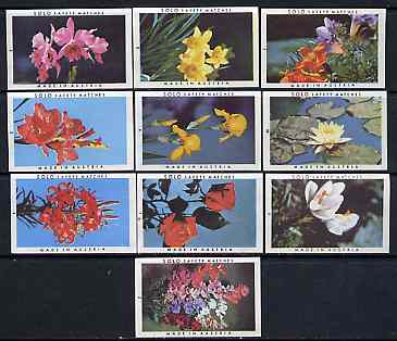 Match Box Labels - complete set of 10 Flowers superb unused condition (Austrian Solo series), stamps on , stamps on  stamps on flowers, stamps on  stamps on iris, stamps on  stamps on daffodils