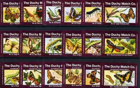 Match Box Labels - complete set of 18 Butterflies & Moths superb unused condition (Duchy Match Co), stamps on butterflies