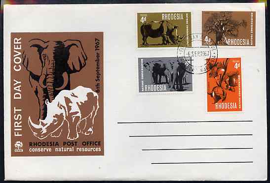 Rhodesia 1967 Nature Conservation set of 4 on Official unaddressed cover with first day cancel, SG 418-21, stamps on , stamps on  stamps on animals, stamps on  stamps on rhino, stamps on  stamps on elephant, stamps on  stamps on trees, stamps on  stamps on flowers