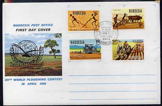 Rhodesia 1968 15th World Ploughing contest set of 4 on Official illustrated unaddressed cover with first day cancel SG 422-25, stamps on , stamps on  stamps on agriculture, stamps on  stamps on farming, stamps on  stamps on tractor, stamps on  stamps on ploughing