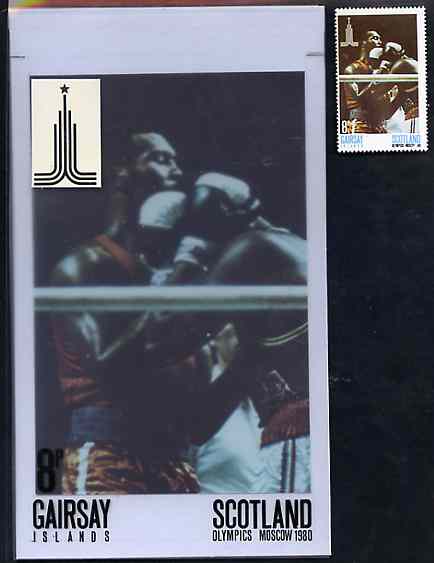 Gairsay 1980 Moscow Olympic Games - Original artwork for 8p value (Boxing) comprising coloured photograph on board of main design (100 mm x 165 mm) with value and inscriptions on overlay, plus issued label, stamps on , stamps on  stamps on boxing, stamps on  stamps on sport, stamps on  stamps on olympics