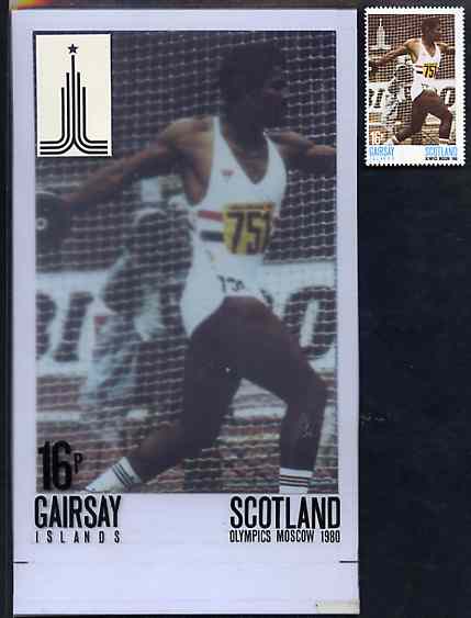 Gairsay 1980 Moscow Olympic Games - Original artwork for 16p value (Discus) comprising coloured photograph on board of main design (100 mm x 165 mm) with value and inscriptions on overlay, plus issued label, stamps on , stamps on  stamps on sport    olympics    discus