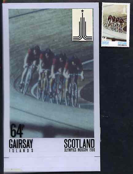 Gairsay 1980 Moscow Olympic Games - Original artwork for 64p value (Cycling) comprising coloured photograph on board of main design (100 mm x 165 mm) with value and inscriptions on overlay, plus issued label, stamps on , stamps on  stamps on sport, stamps on  stamps on olympics, stamps on  stamps on bicycles