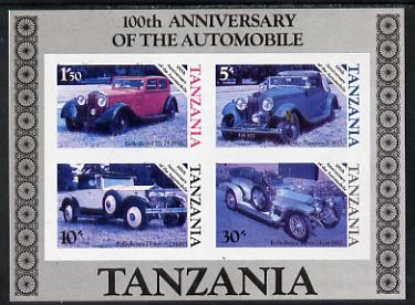 Tanzania 1986 Centenary of Motoring m/sheetv unmounted mint imperf colour proof in blue, magenta & black only (SG MS 460), stamps on cars     rolls-royce