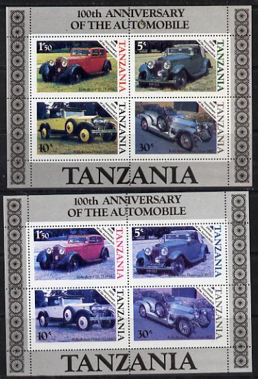 Tanzania 1986 Centenary of Motoring m/sheet with yellow omitted plus normal unmounted mint (SG MS 460), stamps on cars     rolls-royce