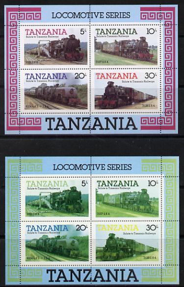 Tanzania 1985 Locomotives perf m/sheet with red omitted plus normal unmounted mint (SG MS 434), stamps on railways  varieties, stamps on big locos