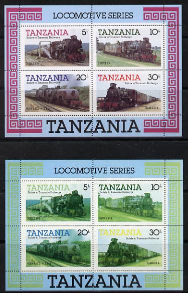 Tanzania 1985 Locomotives perf m/sheet with red omitted plus normal unmounted mint (SG MS 434), stamps on , stamps on  stamps on railways  varieties, stamps on big locos