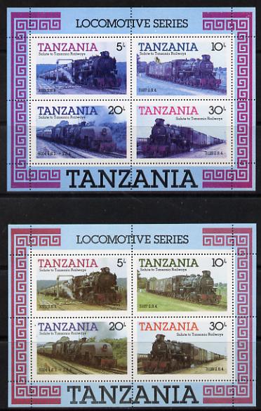 Tanzania 1985 Locomotives perf m/sheet with yellow omitted plus normal unmounted mint (SG MS 434), stamps on , stamps on  stamps on railways  varieties, stamps on big locos