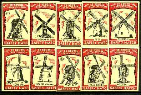 Match Box Labels - complete set of 10 Belgian Windmills superb unused condition (Belgium Le R\8Eveil), stamps on windmills
