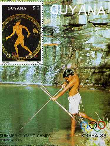 Guyana 1987 Korea '88 $2 m/sheet (Jumping - detail of Red-figure Greek Pot & Fishing with Bow & Arrow at Waterfall) very fine cto used, stamps on , stamps on  stamps on olympics, stamps on jumping, stamps on pottery, stamps on fishing, stamps on archery, stamps on waterfall, stamps on ancient greece 