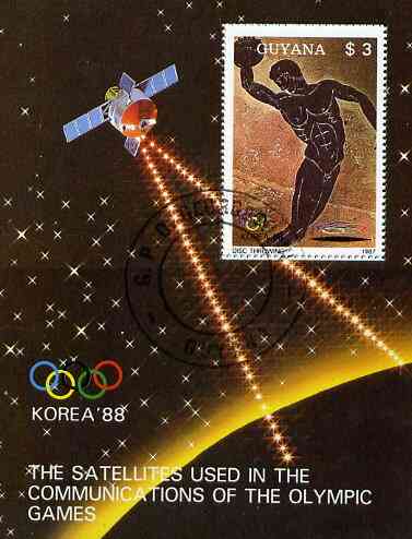 Guyana 1987 Korea '88 $3 m/sheet (Disc Thrower - detail of Black-figure Greek Pot & Olympic Satellite) very fine cto used, stamps on , stamps on  stamps on olympics     discus     pottery     satellites    space     communications, stamps on ancient greece 