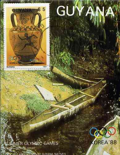Guyana 1987 Korea '88 $5 m/sheet (Running - Black-figure Greek Vase & Native Canoe) very fine cto used, stamps on olympics     running     pottery     canoes, stamps on ancient greece 