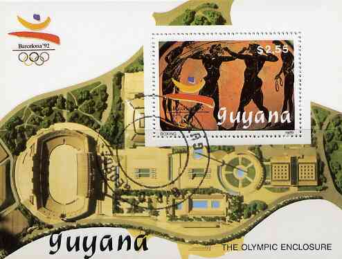 Guyana 1989 Barcelona Olympic Games $2.55 m/sheet (Boxing - detail of Black-figure Greek Pot & Olympic Enclosure) very fine cto used, stamps on olympics     boxing     pottery     stadium, stamps on ancient greece