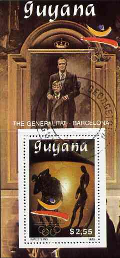 Guyana 1989 Barcelona Olympic Games $2.55 m/sheet (Wrestling - detail of Black-figure Greek Pot & The Generalitat) very fine cto used, stamps on olympics     wrestling     pottery, stamps on ancient greece      