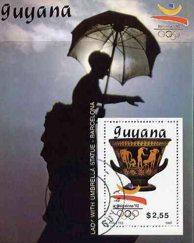 Guyana 1989 Barcelona Olympic Games $2.55 m/sheet (Athletes - Red-figure Greek Pot & Statue of Lady with Umbrella) very fine cto used, stamps on olympics, stamps on athletics, stamps on pottery, stamps on statue, stamps on umbrellas, stamps on ancient greece