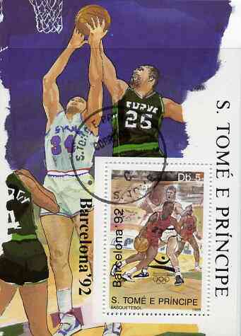 St Thomas & Prince Islands 1989 Barcelona 92 5Db m/sheet (Basketball) very fine cto used Mi BL 198, stamps on olympics     basketball