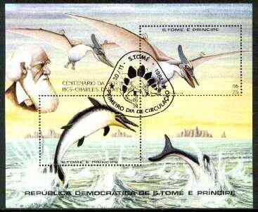 St Thomas & Prince Islands 1982 Death Centenary of Charles Darwin m/sheet (Prehistoric Animals) very fine cto used Mi BL 98, stamps on , stamps on  stamps on dinosaurs    darwin    death, stamps on personalities