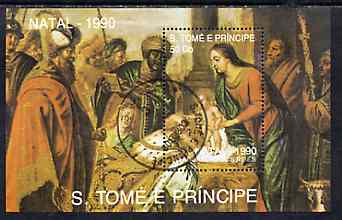 St Thomas & Prince Islands 1990 Christmas 50Db m/sheet (Painting of Adoration) very fine cto used Mi BL 241, stamps on christmas    arts