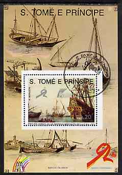 St Thomas & Prince Islands 1989 Ships 20 Db m/sheet #1 (16th Cent Merchantman) very fine cto used Mi BL 203, stamps on , stamps on  stamps on ships