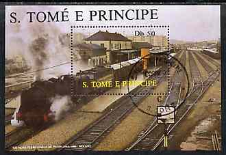 St Thomas & Prince Islands 1987 Locomotives 50Db m/sheet very fine cto used Mi BL 174, stamps on railways