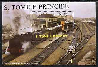 St Thomas & Prince Islands 1987 Locomotives 50Db m/sheet very fine cto used Mi BL 174, stamps on , stamps on  stamps on railways