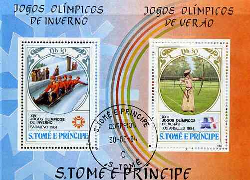 St Thomas & Prince Islands 1983 Olympic Games m/sheet (Bobsled & Archery) fine cto used, Mi BL 142A, stamps on , stamps on  stamps on olympics      sport    bobsled    archery