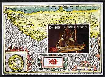 St Thomas & Prince Islands 1992 500th Anniversary of Discovery of America m/sheet (Model Boat & Map) very fine cto used , stamps on , stamps on  stamps on americana      ships       columbus