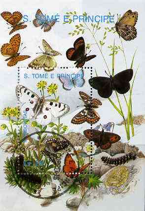 St Thomas & Prince Islands 1989 Butterflies m/sheet #2 very fine cto used , stamps on butterflies