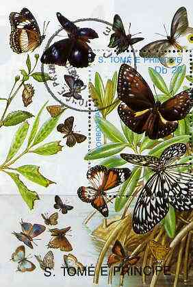 St Thomas & Prince Islands 1989 Butterflies m/sheet #4 very fine cto used , stamps on butterflies