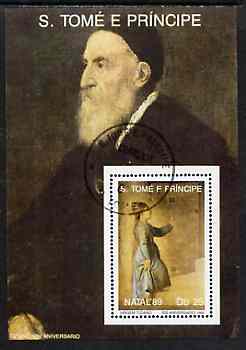 St Thomas & Prince Islands 1989 Christmas 25Db m/sheet (Painting by Tiziano) very fine cto used Mi BL 226, stamps on christmas    arts    titian